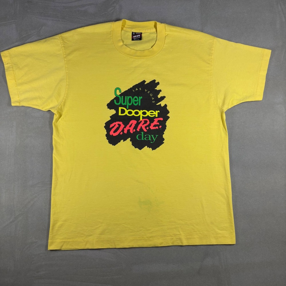 Vintage 90s DARE Las Vegas Super Dooper DARE Day T-Shirt XL Yellow Single Stitch